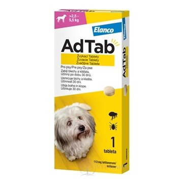 AdTab pre psy 112 mg žuvacie tablety, hmotnosť psa > 2,5–5,5 kg, 1x1 ks obrázok